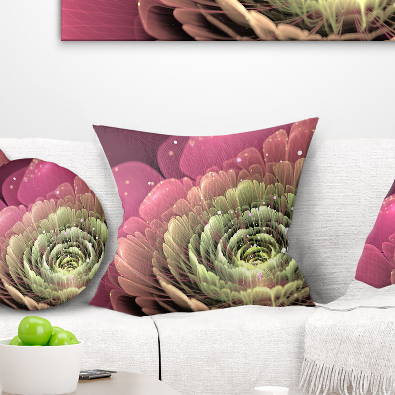 Fleur fractale rose et vert - coussin à imprimé floral, 16 po x 1 po, Coussin décoratif