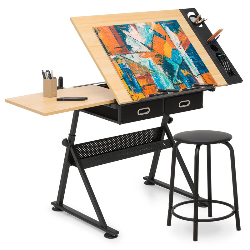 Craft and Drawing Table Workstation with Stool, Drafting Table with Slide-Out Tabletop and Drawers