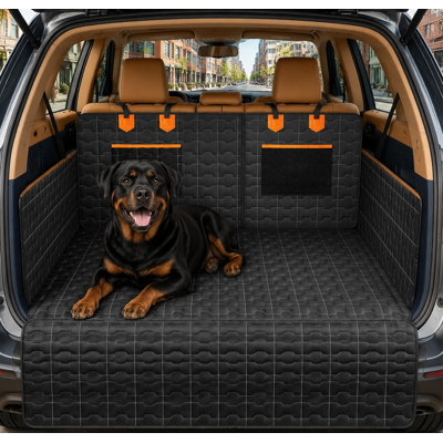 This large black universal-fit cargo liner protects SUV, sedan, and van trunks with waterproof coverage, a bumper flap protector, non-slip backing, and a scratchproof pet-mat surface.