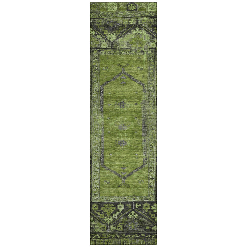 Machine Washable Indoor/Outdoor Xhevrie Olive Rug, Runner 2'3" x 7'6"