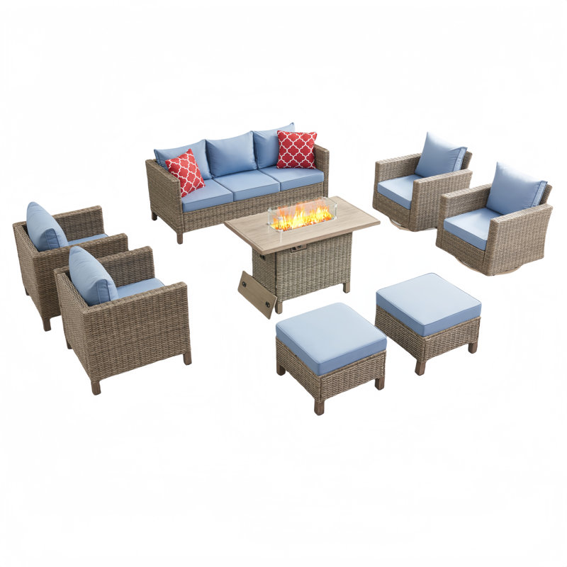 Ensemble de conversation d'extérieur 8 pièces avec chaises pivotantes et table foyer, Bleu