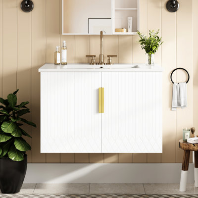 Meuble-lavabo vintage de 76 cm (30 po) avec lavabo en céramique à 3 trous, 2 portes, étagère réglable, fixation murale, finition anti-rayures, lavabo facile à nettoyer avec trous, style minimaliste, rangement, construction.
