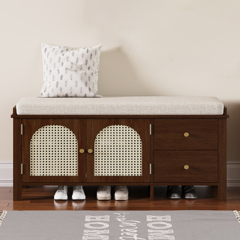 43" Wide Shoe Storage Bench With Cushion Entryway Bench Storage Bench With Storage And 2 Drawers, Espresso