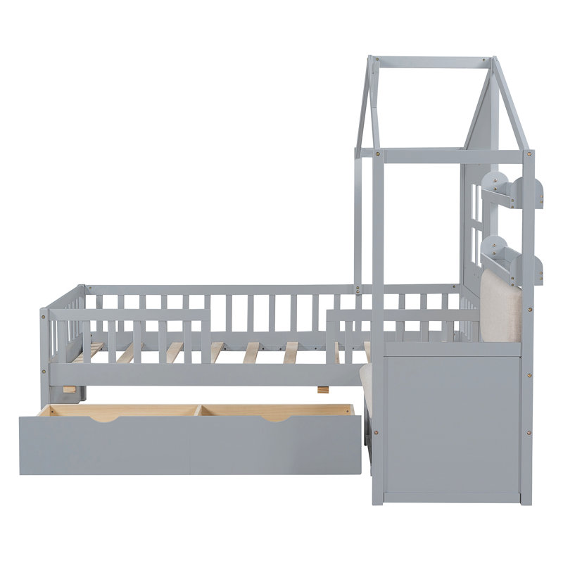 Lit plateforme avec deux tiroirs et tablette de rangement House House, Gris