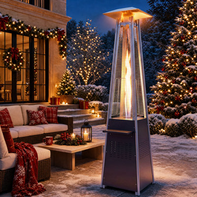 88 Inch Pyramid Patio Heater with Table, Wheels & Cover, 48,000 BTU Propane Outdoor Heater with 360° Glass Flame, Movable Standup Heater for Backyard Deck Poryard Poolside & Outdoor Parties, Black