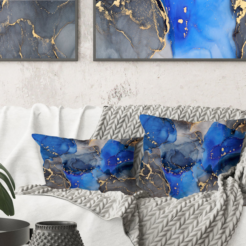 Bleu et noir luxueux abstrait Art fluide I - Coussin décoratif imprimé moderne, 16 po x 16 po