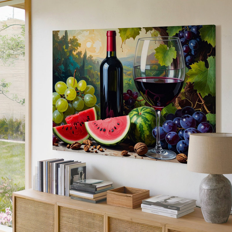«Summer Harvest Still Life Canvascolorful Fruit and Wine Celebration», art sur toile, H 30 po x l 30 po