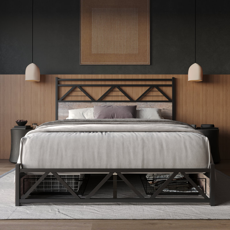 Full Metal Platform Bed With Storage In Natural Oak, Natural Oak, Queen