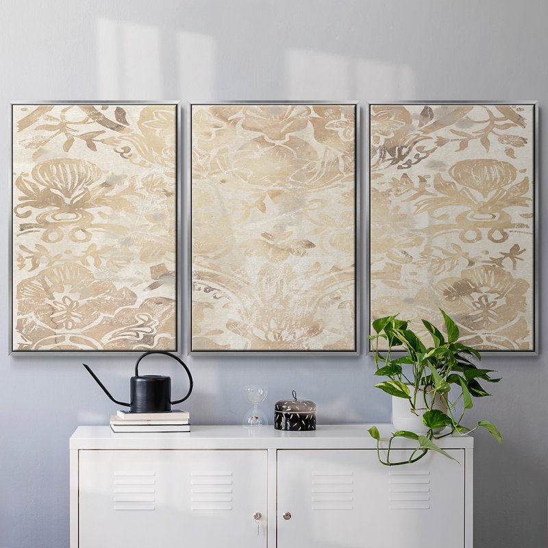 Noyer damassé III, reproduction sur toile 3 pièces, H 40 po x l 78 po x P 2 po, Argenté