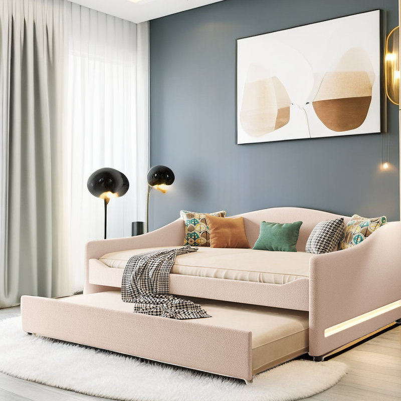 Karsha Teddy Fleece Full Size Upholstered Daybed with Light and Trundle, Beige