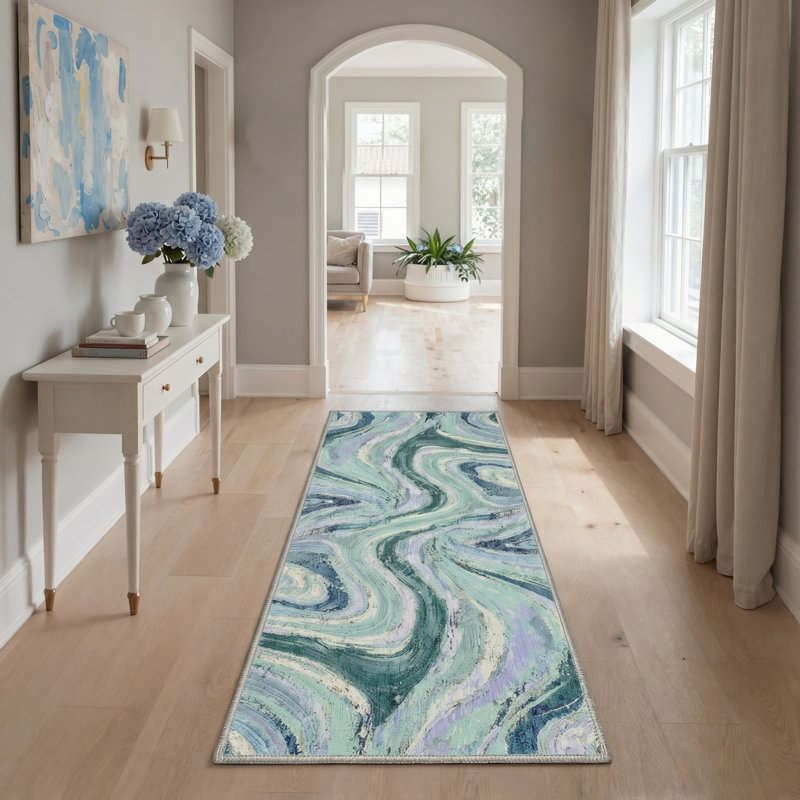 Tonicka Vortex Abstract Machine Washable Blue / Purple / Beige Indoor Area Rug with Non-Slip Backing, Runner 2' x 7'