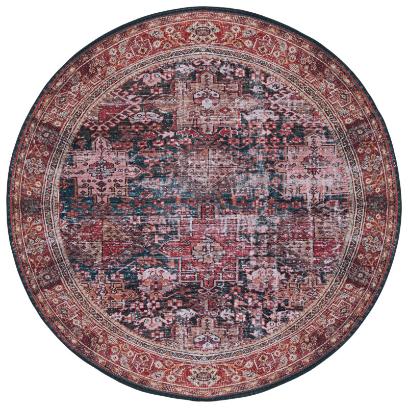 Tucson Vintage Look Machine Washable Non-Slip Area Rug in Red, Navy & Beige, Round 122 cm
