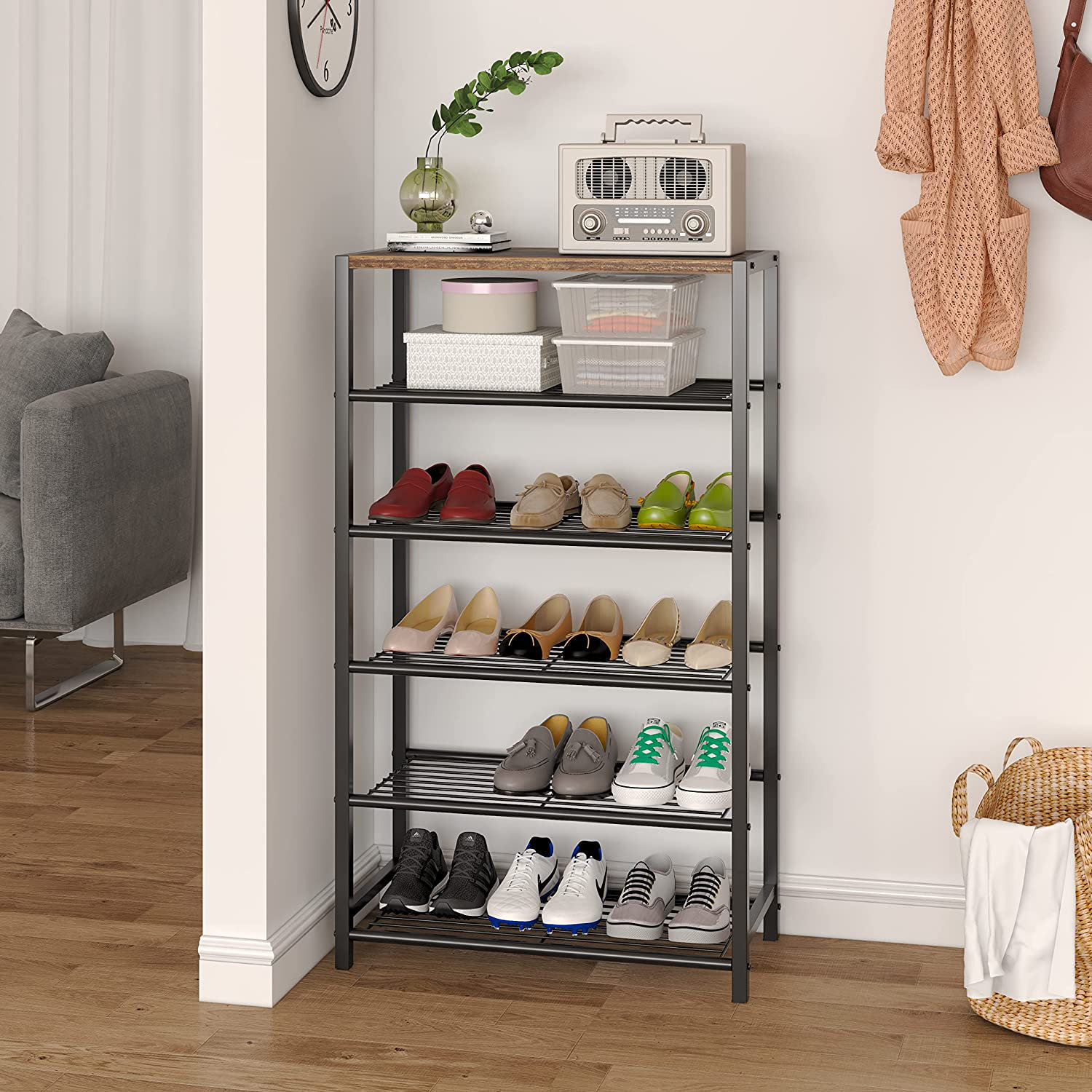 5-Tier Storage 18 Pair Shoe Rack Finish Black/Rustic Brown