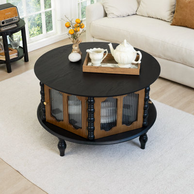 Compact Round Coffee Table with Triple Storage Doors - Stylish Space-Saving Design