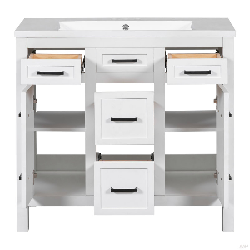 Armoire de salle de bain avec lavabo intégré en résine - 4 tiroirs, 2 portes (armoire)
