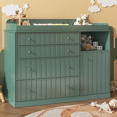 Commode à langer ergonomique 37,4 po avec 4 tiroirs, armoire de rangement et tablette ouverte, conception sécuritaire anti-basculement et commode pour chambre d'enfant