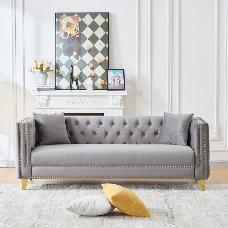 Canapé en velours avec têtes de clou à boutons, Gris