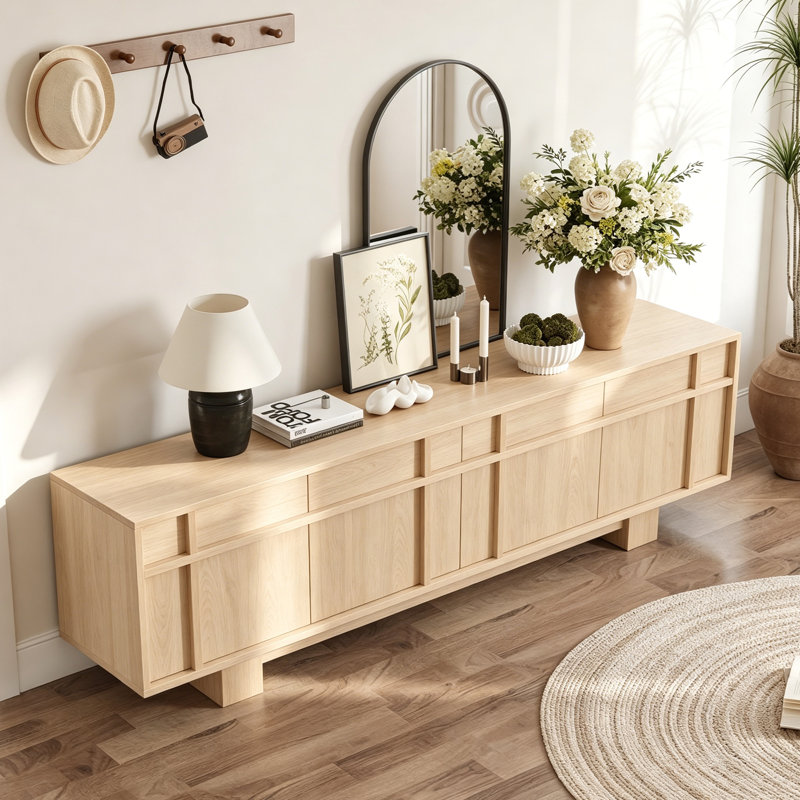 71”  Natural Wood Tv Stand, Modern Media Console With Drawer & Cabinet Storage, Living Room Entertainment Center, Natural