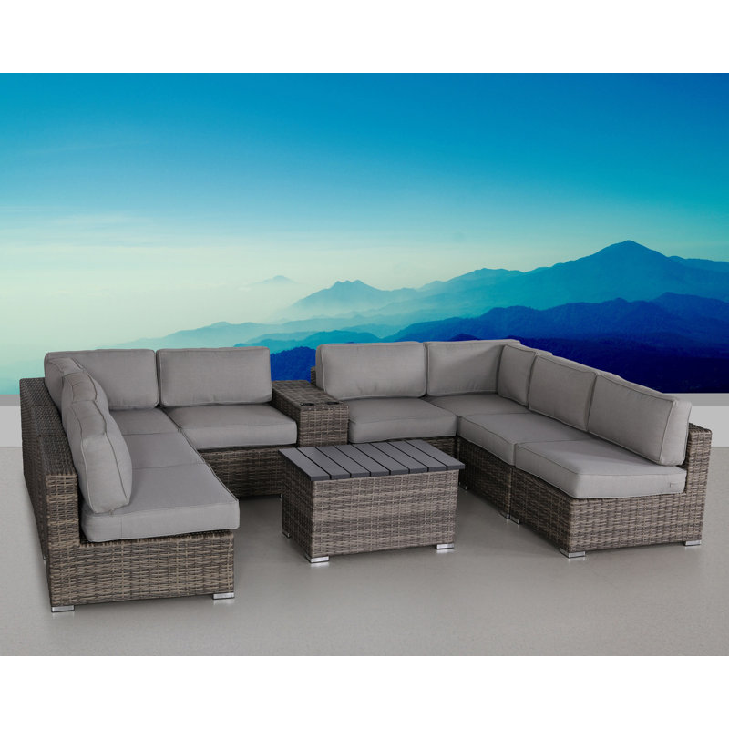 Mixed Gray Rattan Wicker 10-Piece Outdoor Sectional Set with Cushions