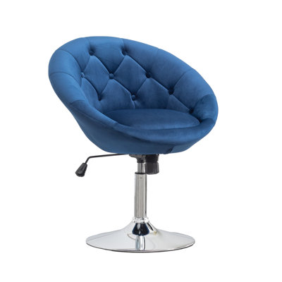 Back Swivel Chair In Soft Blue Velvet, Hydraulic Base, Chromed Metal, 360-Degree Rotation, 28.26"W X 24"D 32"-38.25"H Velvet With Lift, Metal Upholstery,