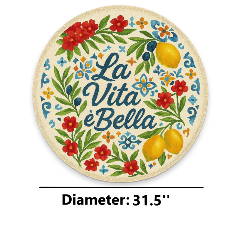 Tapis décoratif rond en coton d'inspiration italienne «La Vita È Bella», Rond 2 pi 8 po