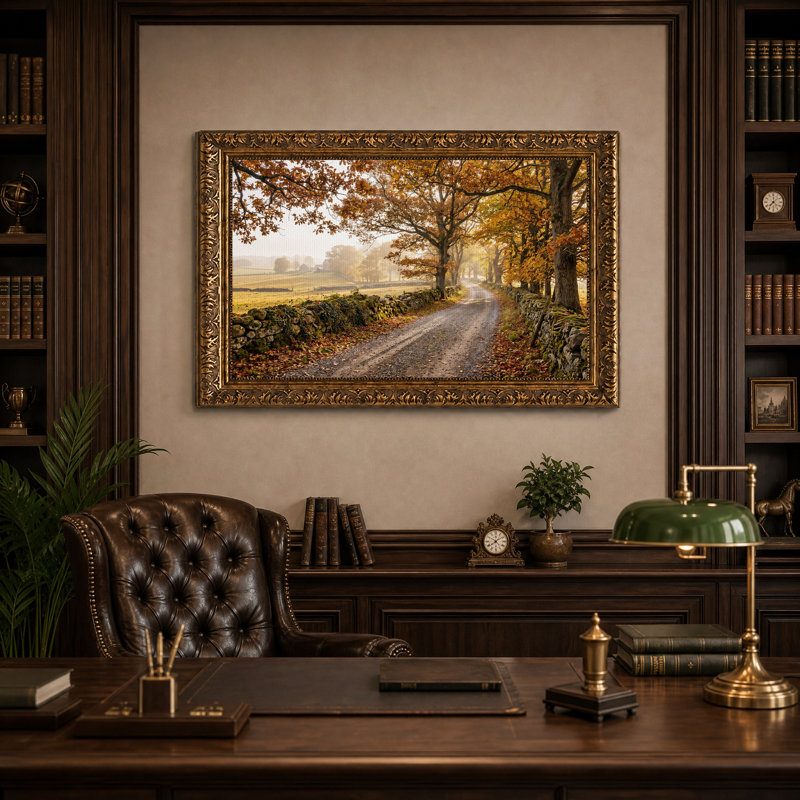 Tableau sur toile représentant une route de campagne d'automne avec des murs en pierre, H 16 po x l 24 po