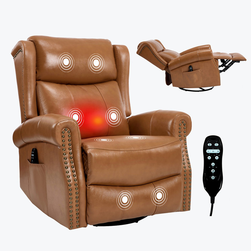 Fauteuil inclinable manuel chauffant chauffant avec fauteuil à bascule et pivotant en cuir véritable pour le salon, jaune