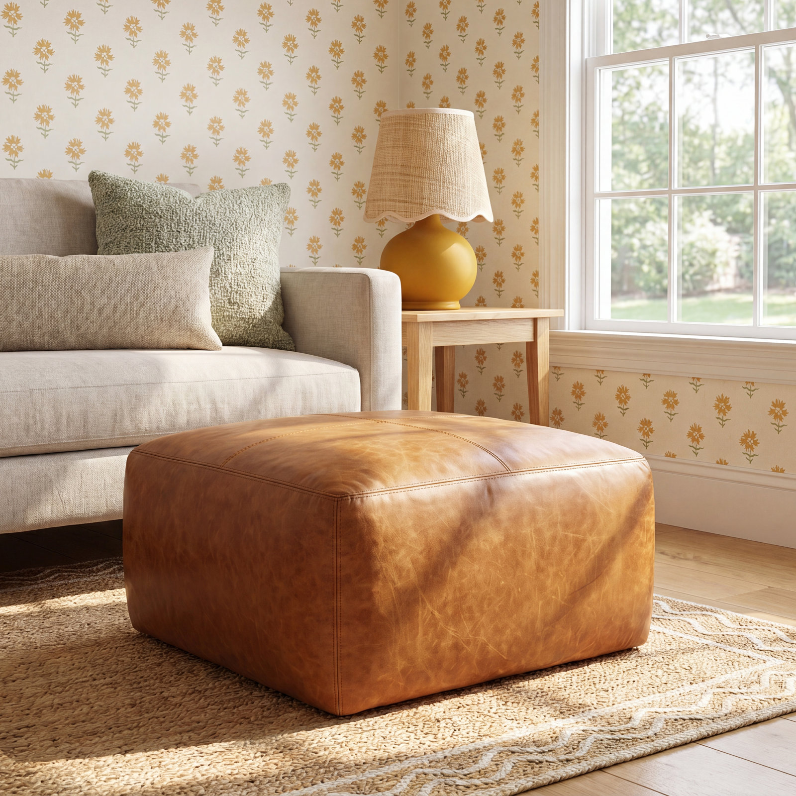 Heafield 35" Genuine Leather Ottoman, Cognac Tan Genuine Leather