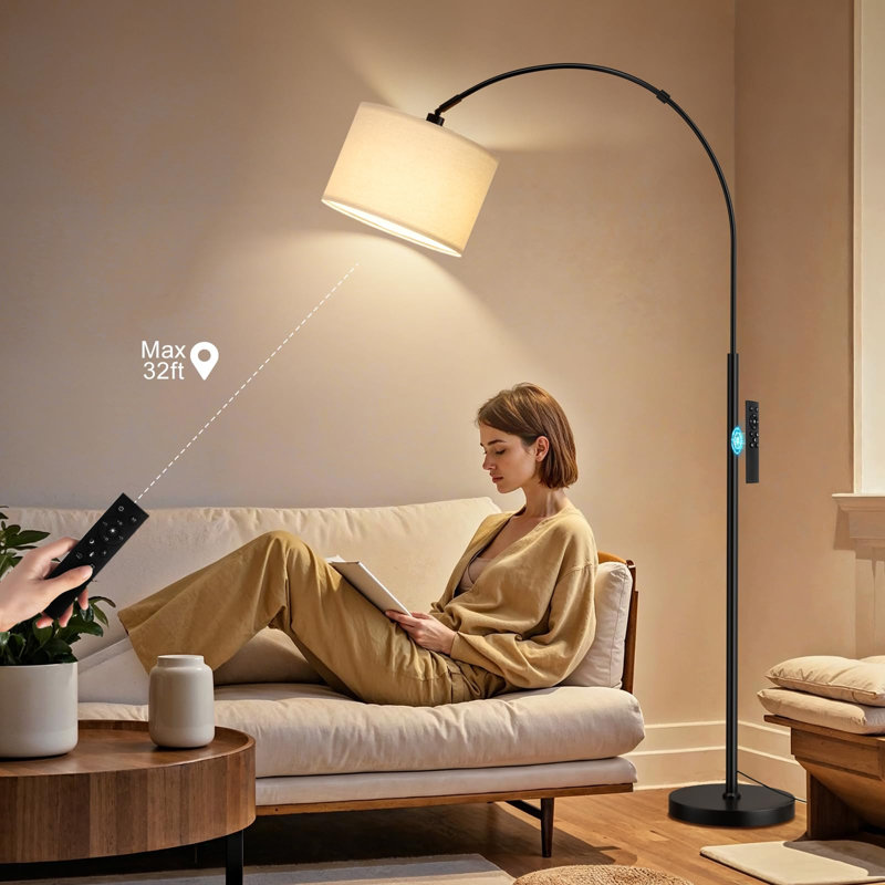Lampadaire arqué à intensité variable avec télécommande, température de couleur réglable, tête pivotante, interrupteur au pied et télécommande, idéal pour le salon, la chambre ou le bureau, à placer au-dessus d'un canapé, beige foncé et noir.