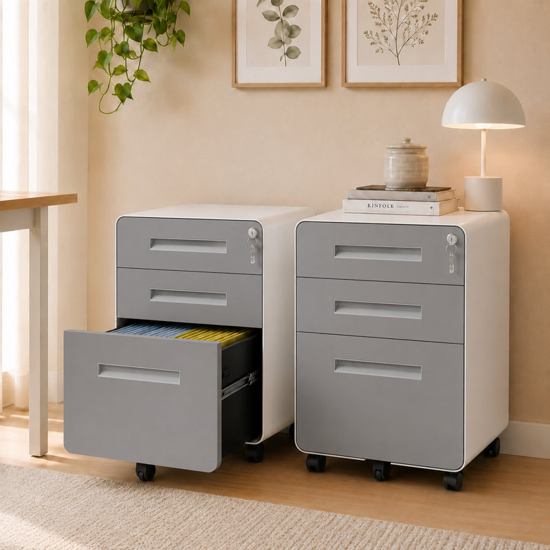 Classeur mobile Bizoe gris à 3 tiroirs avec serrure, homologué BIFMA, coins arrondis pour bureau à domicile, White+grey