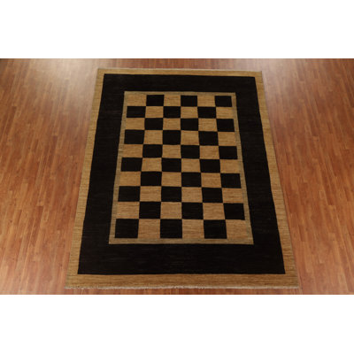 Tapis noir en laine noué à la main de conception unique 8 pi 2 po x 10 pi 3 po Anabel