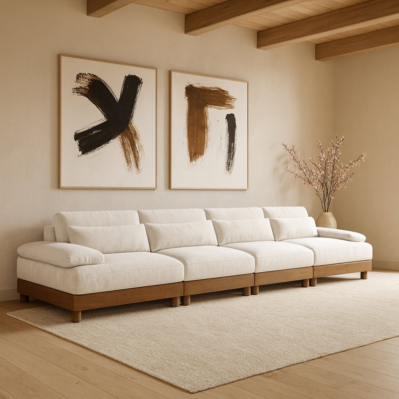 Canapé modulaire 4 pièces en tissu chenille de 175,5 po Turin, Crème, Brun