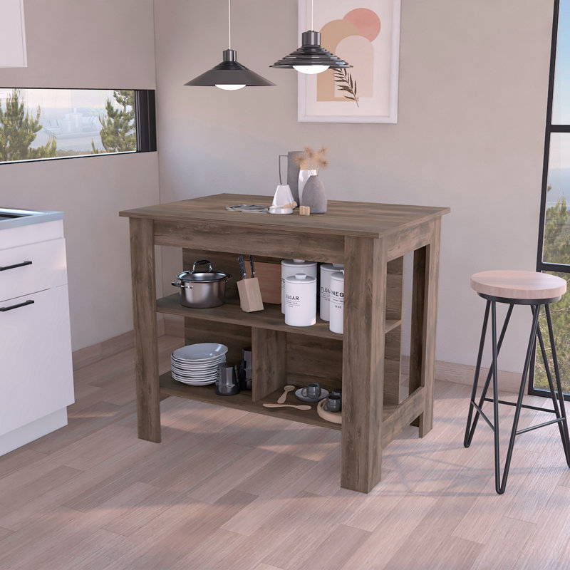 Îlot de cuisine, trois tablettes, H 35,4 po x l 27,5 po x P 40,5 po, Blanc, bois