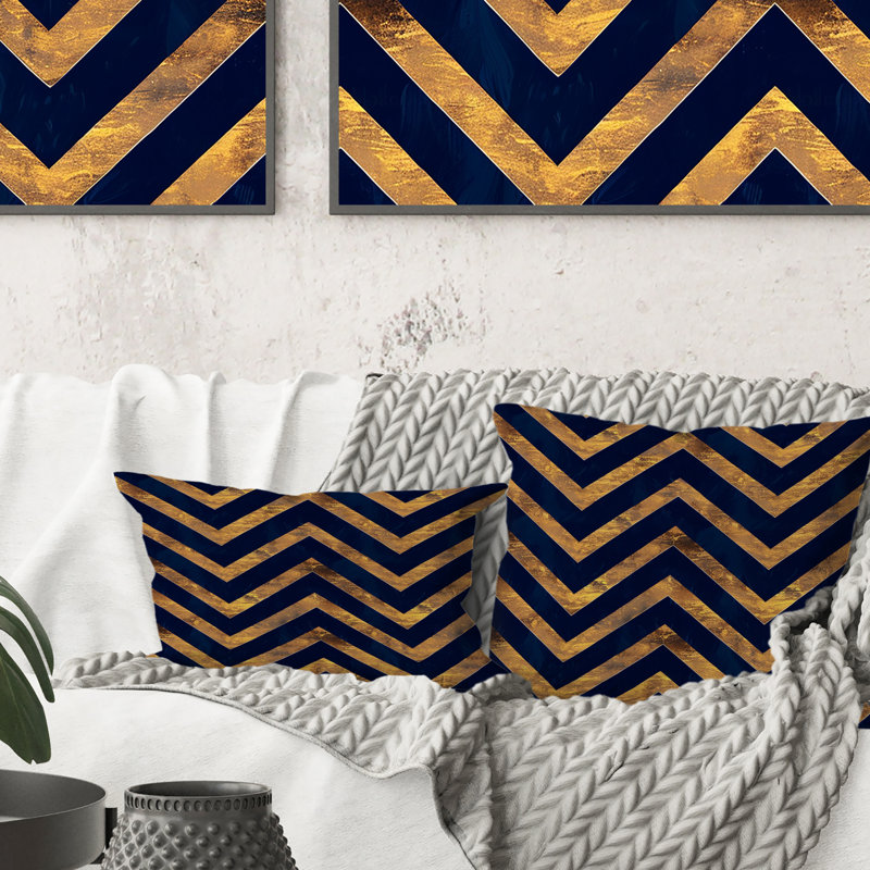 Coussin décoratif Chevron Harmony II - Glam, Bleu / doré, H 18 po x H 18 po
