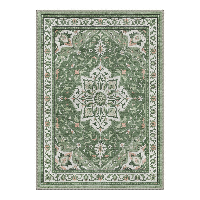 Abrahamson Lorelei Floral Machine Washable Green / White Indoor Area Rug with Non-Slip Backing, Round 5'