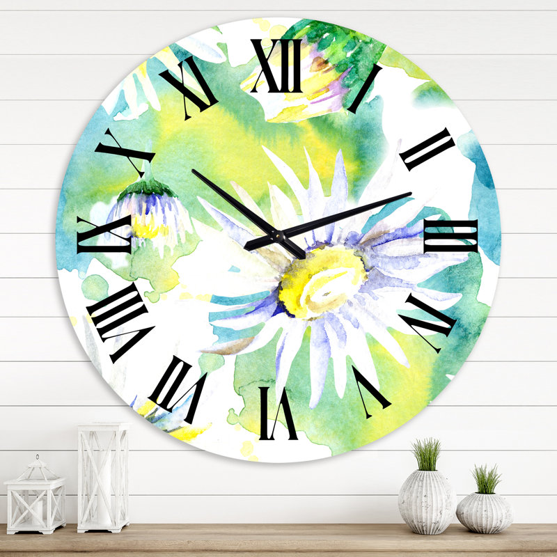 Daisy Flowers Aquarelle Impression II - Horloge murale traditionnelle, Surdimensionné