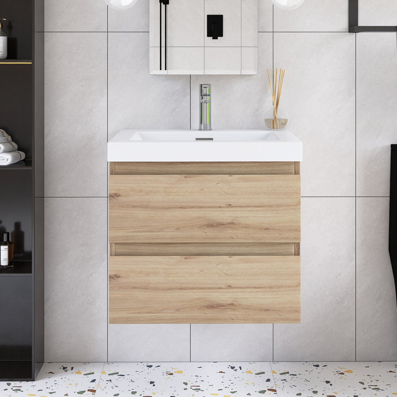 24'' Wall-Mounted Single Bathroom Vanity  With Integrated Resin Top, Gray Oak