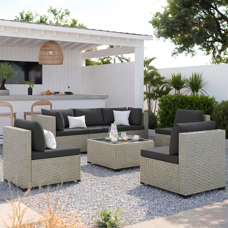 Ensemble de meubles de patio pour 6 personnes avec coussins confortables et table en verre Demasi, Noir, noir, noir, noir