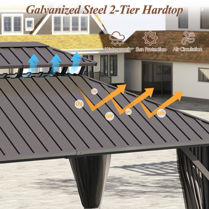 Aluminum Patio Gazebo - Galvanized Steel Hardtop Gazebo with Curtains & Netting, 14 ft. W x 12 ft. D