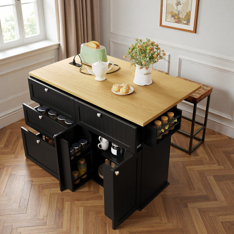 Farmhouse Kitchen Island with Drop Leaf, 2 Stools, Storage Cabinet & Drawers, Spice Rack, Towel Rack & Power Outlet, Black