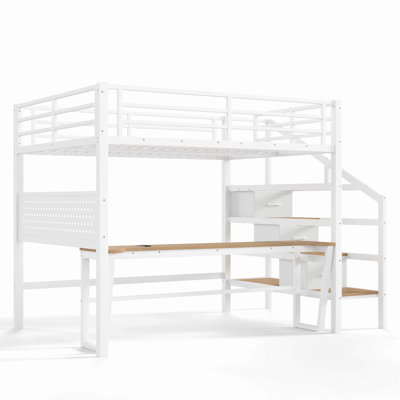 Full Size Metal Loft Bed with Storage Stairs, Movable USB Desk, 3 Fabric Drawers, LED Lights, Full-Length Guardrail & Pegboard for Kids Teens, White