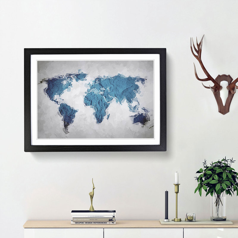 Teal Blue Map of the World in Abstract - Framed Print, 27cm H x 36cm W x 2cm D, Black Framed