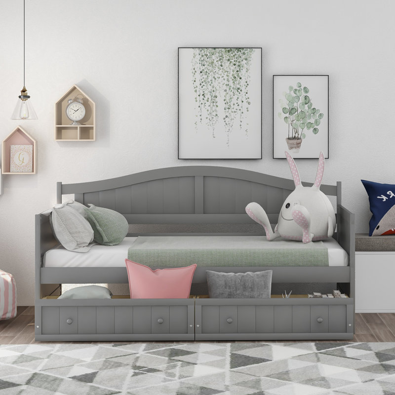 Wooden Daybed with 2 Drawers, Multifunctional Sofa Bed for Bedroom or Living Room, No Box Spring Needed, Gray