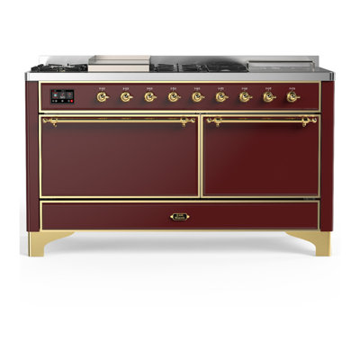 Majestic III Series 60 Inch Dual Fuel Range with 7 Sealed Burners, Griddle, Frenchtop in Burgundy (Natural Gas, Brass Trim)