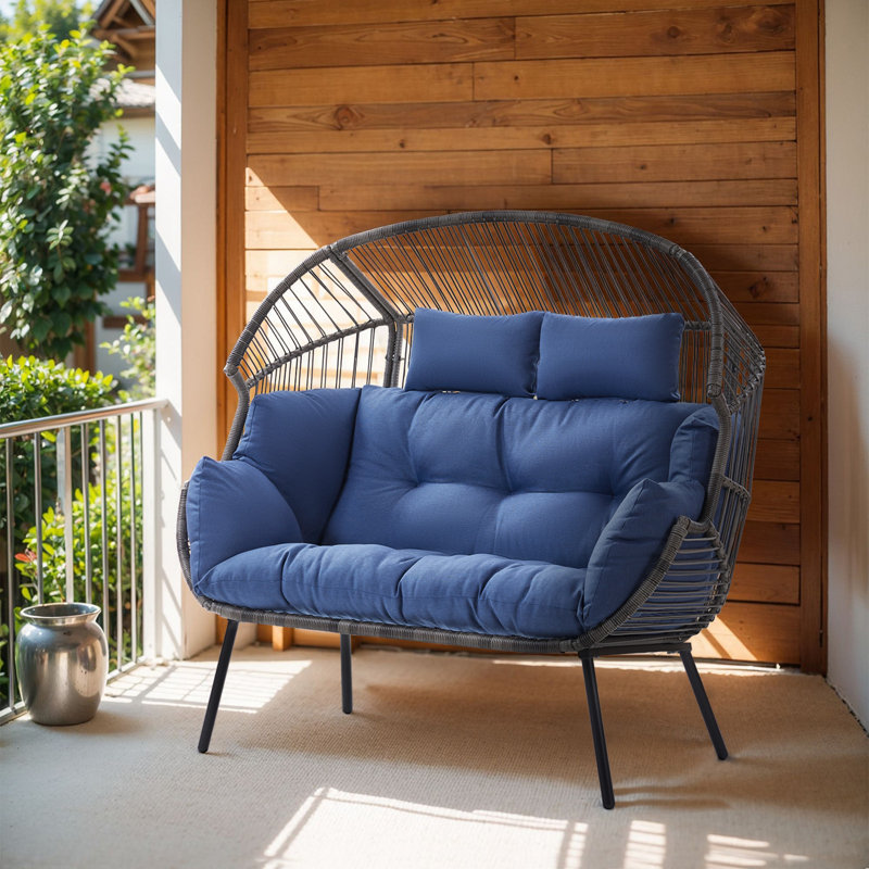 Fauteuil en osier avec coussins pour 2 personnes Baja, Gris, Bleu