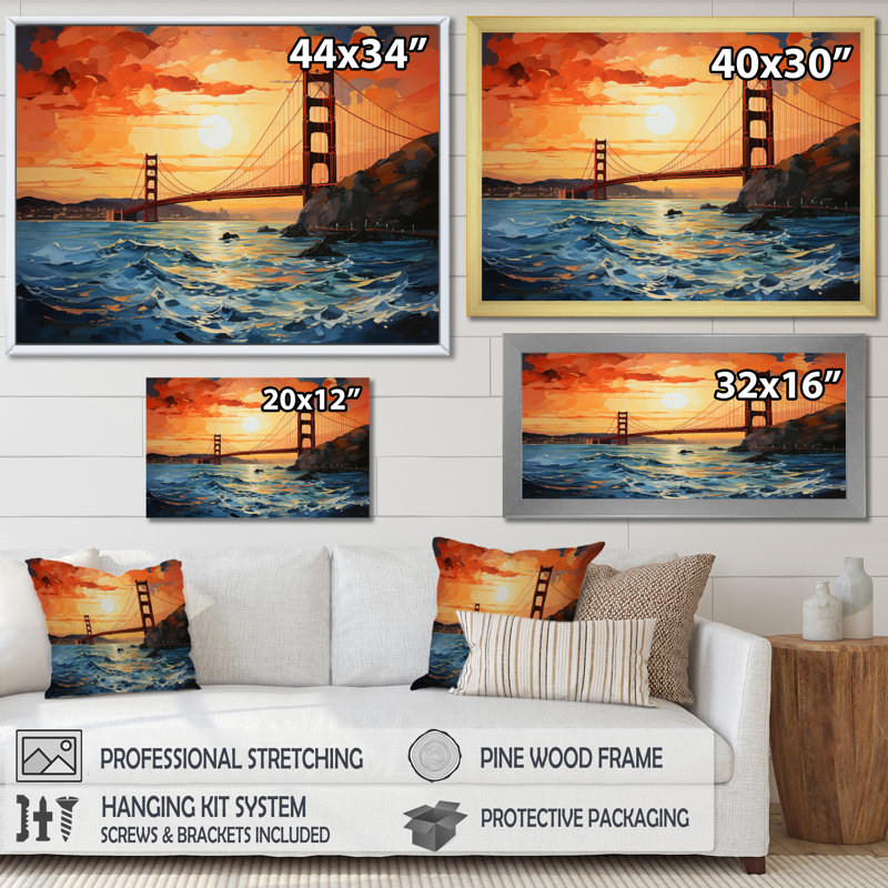 «Orange Bridge Golden Gateway II», reproduction sur toile, H 16 po x l 32 po x P 1 po, Encadrement doré