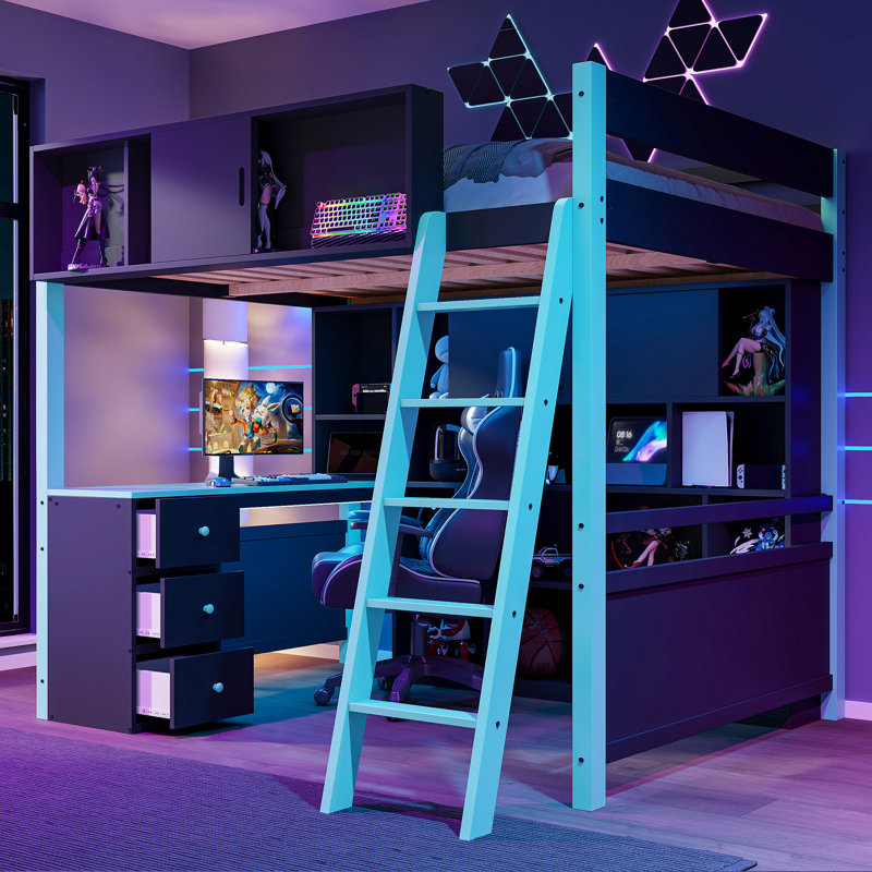 Lit mezzanine double en bois avec bureau, rangement intégré et lumière DEL, lit plateforme peu encombrant, bleu, Bleu