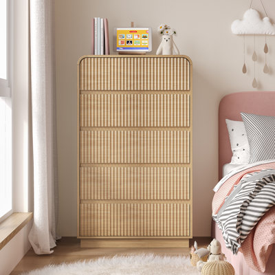 Fluted 5-Drawer Dresser with Curved Profile, 46" Tall Chest of Drawers for Bedroom