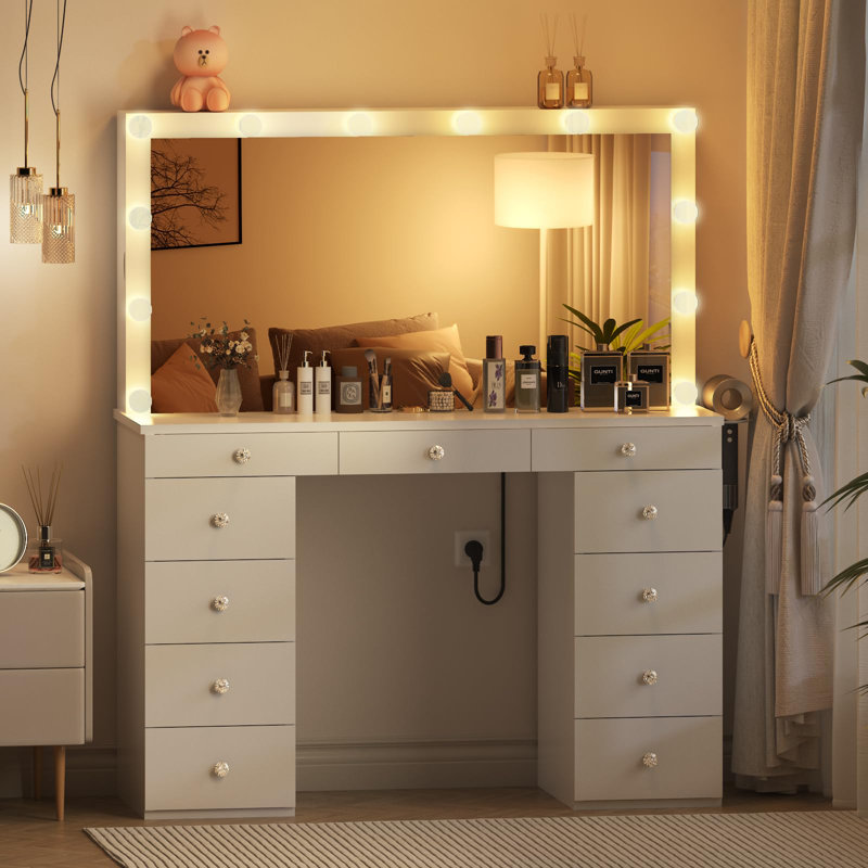 Coiffeuse avec lumières, 11 tiroirs, grand miroir, prise de courant, rangement latéral, Noir, noir, noir, noir