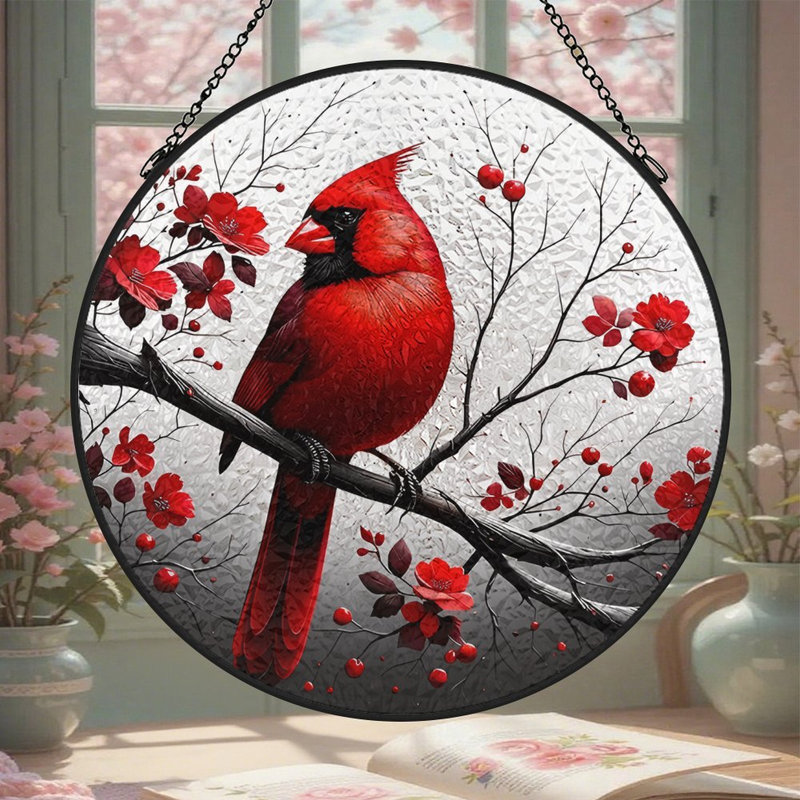 Panneaux de vitrail représentant un cardinal rouge, attrape-soleil pour la décoration de fenêtre, 9,8 x 9,8 po (25 x 25 cm)